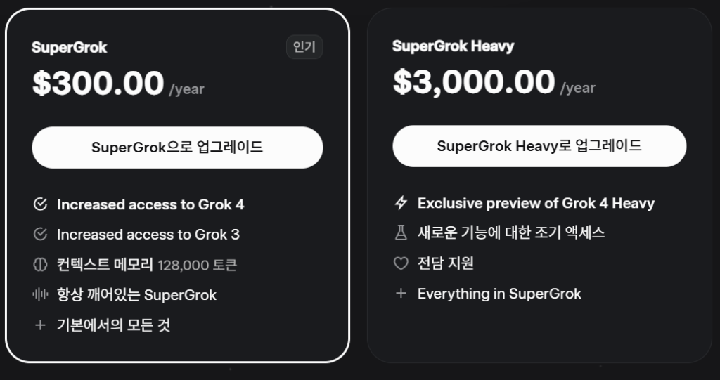 연 300달러 수퍼 그록 가격 할인 요금제와 연 3,000달러 수퍼 그록 헤비 가격
